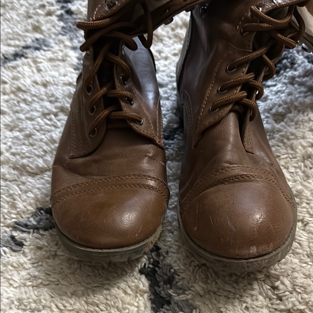 Brown Lace-Up Cottagecore Sherpa Fold Down Combat Ankle Boots - Picture 3 of 11